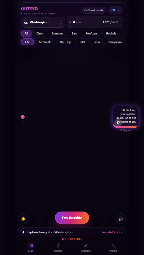 Outsyd live nightlife map showing the DMV pilot experience